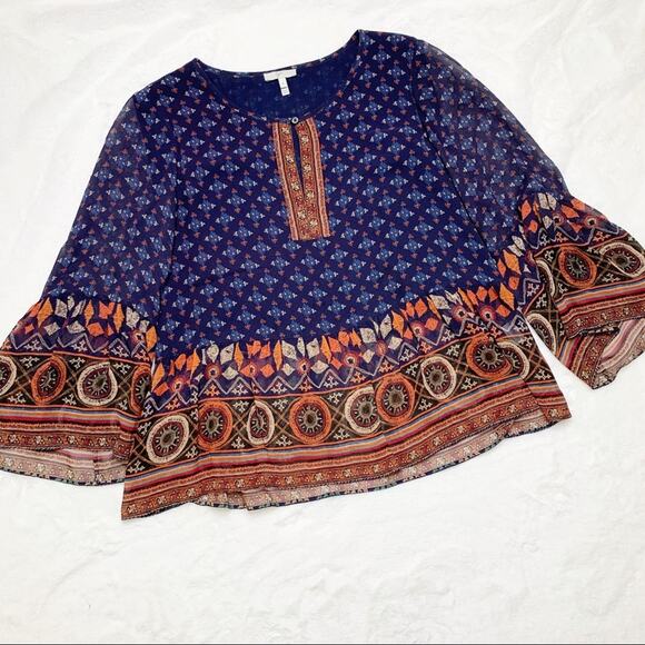 JOIE Hakima Navy Blue Orange Silk Peplum Boho Blouse size Small - Picture 3 of 9